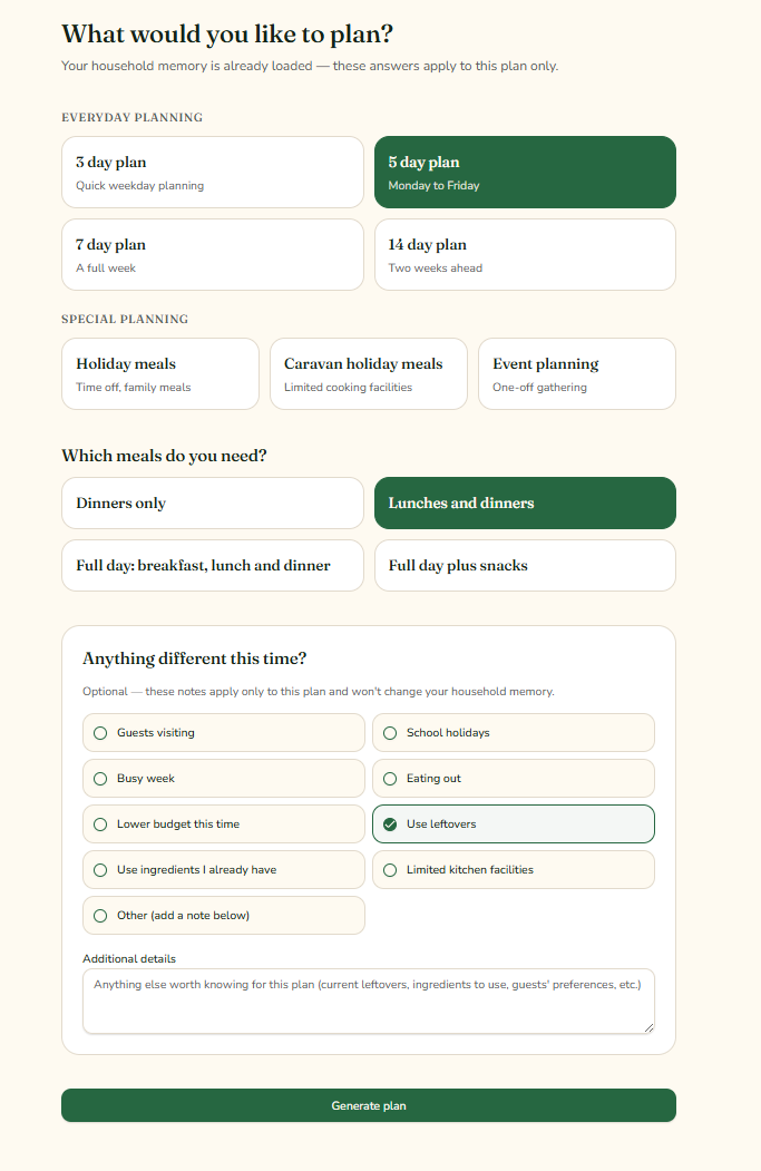 Plan setup screen showing day length, meal types and 'anything different this time' options