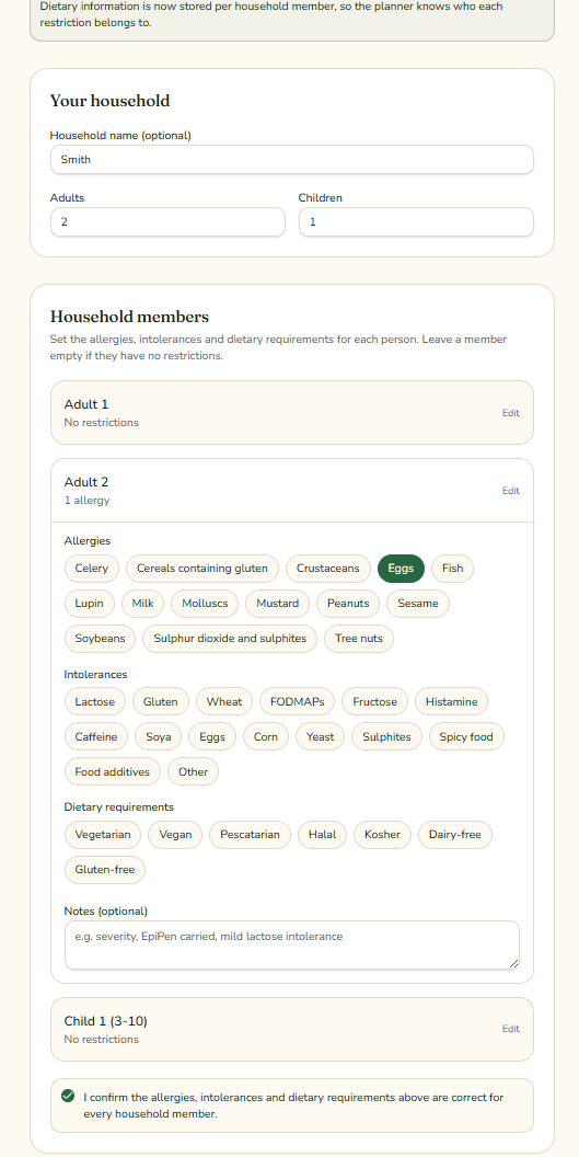 Household profile screen with per-member allergies and dietary needs